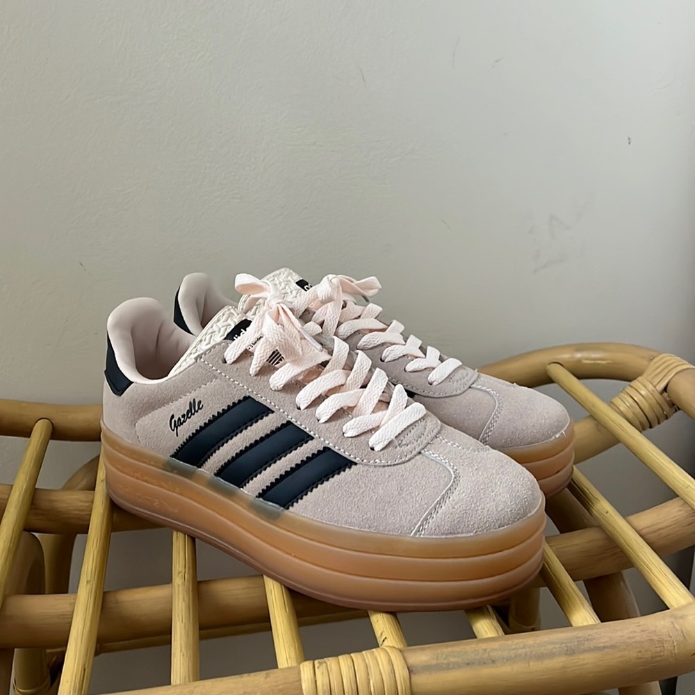 adidas Gazelle Platform Sneakers in Blush Pink with Black Stripes and Gum Sole